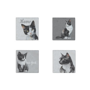 Black White Meow Cat Stone Magnet