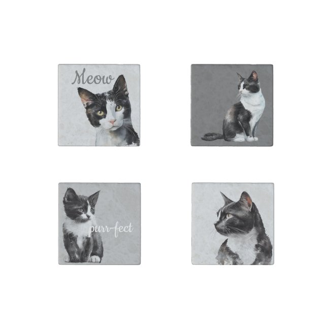 Black White Meow Cat  Stone Magnet (Front)