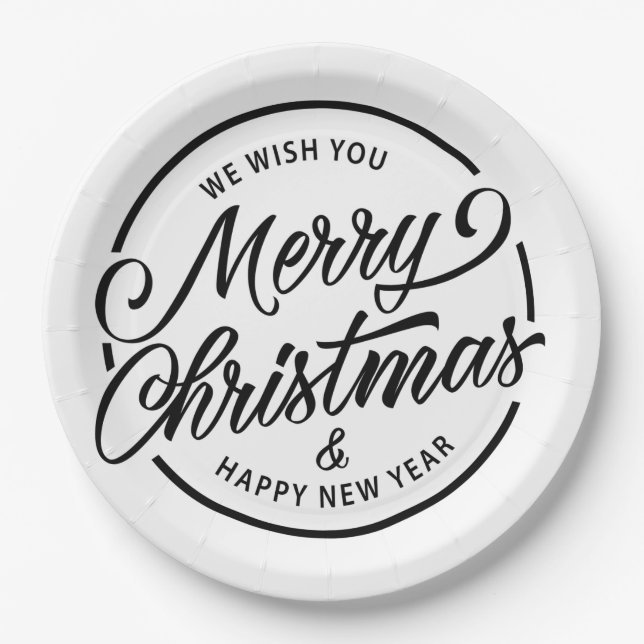 Black White Merry Christmas Calligraphy Script Paper Plates (Front)
