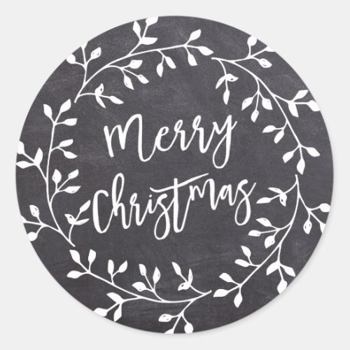 Black White Merry Christmas Chalkboard Wreath Classic Round Sticker