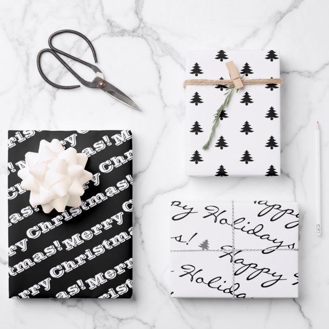 Black White Merry Christmas Happy Holidays Wrapping Paper Sheets (Front)