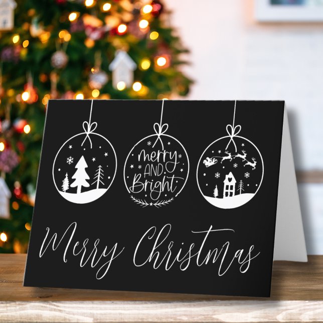Black White Merry Christmas Holiday Card (Modern Black Merry Bright Script Merry Christmas Holiday Card)