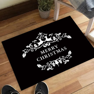 Black White Merry Christmas Mantle silhouette Deer Doormat