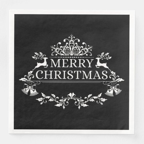 Black  White Merry Christmas Paper Napkins