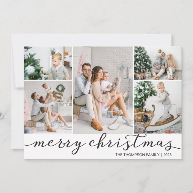 Black White Merry Christmas Photo Card Five Photos (Front)