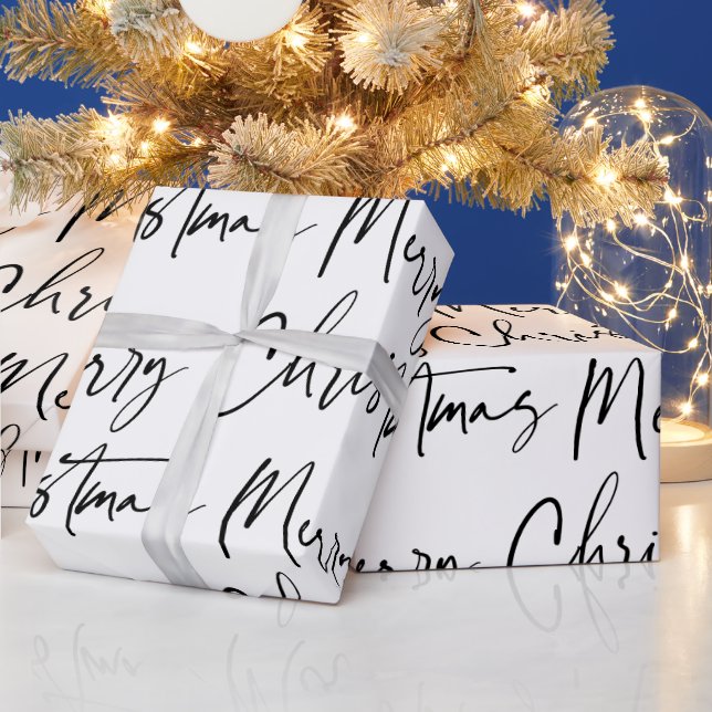 Black White Merry Christmas Script Gift Wrapping P Paper (Holidays)