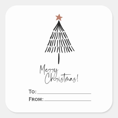 Black White Merry Christmas Tree Hand Drawn Square Sticker
