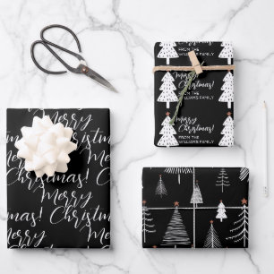 Black White Merry Christmas Tree Name Wrapping  Paper Sheets