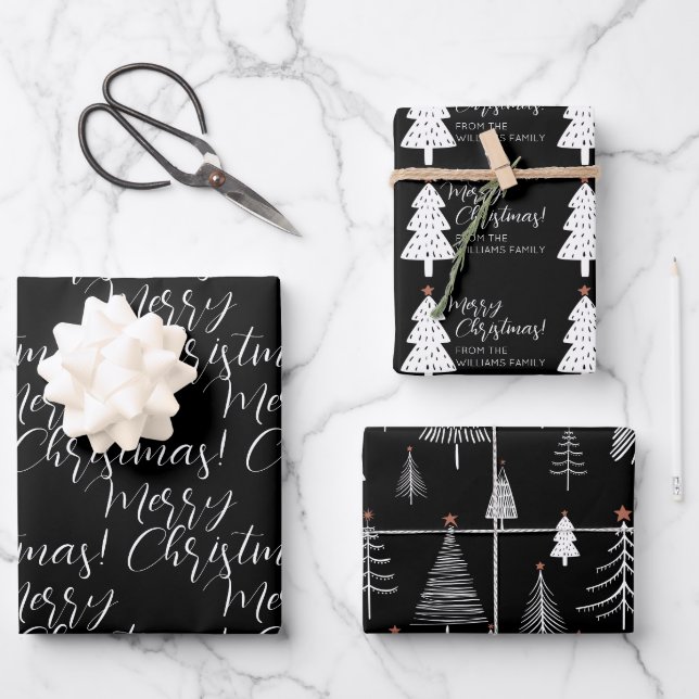 Black White Merry Christmas Tree Name Wrapping  Paper Sheets (Front)
