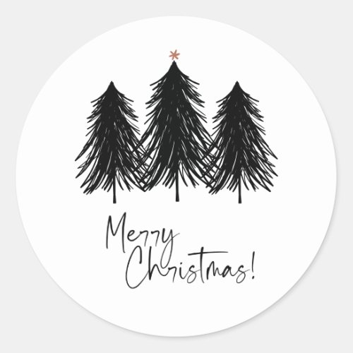 Black White Merry Christmas Trees Holiday Classic Round Sticker