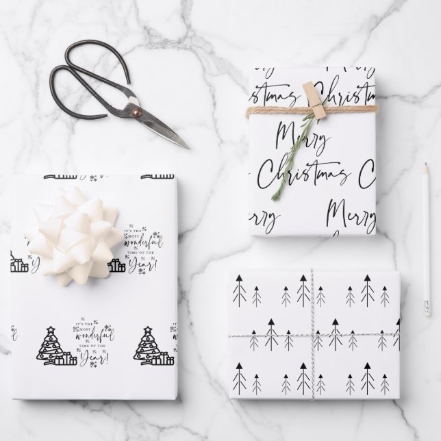 Black White Merry Christmas Trees Quote Gift Wrapping Paper Sheets (Front)