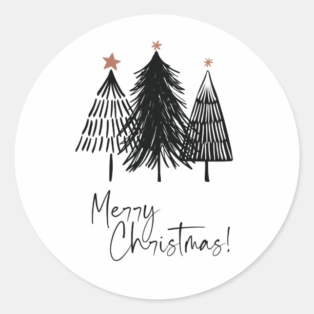 Black White Merry Christmas Trees Star Classic Round Sticker (Front)