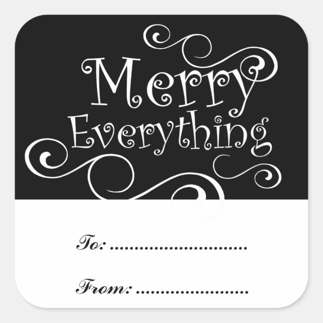 Black White Merry Everything Swirls Present Labels (Front)