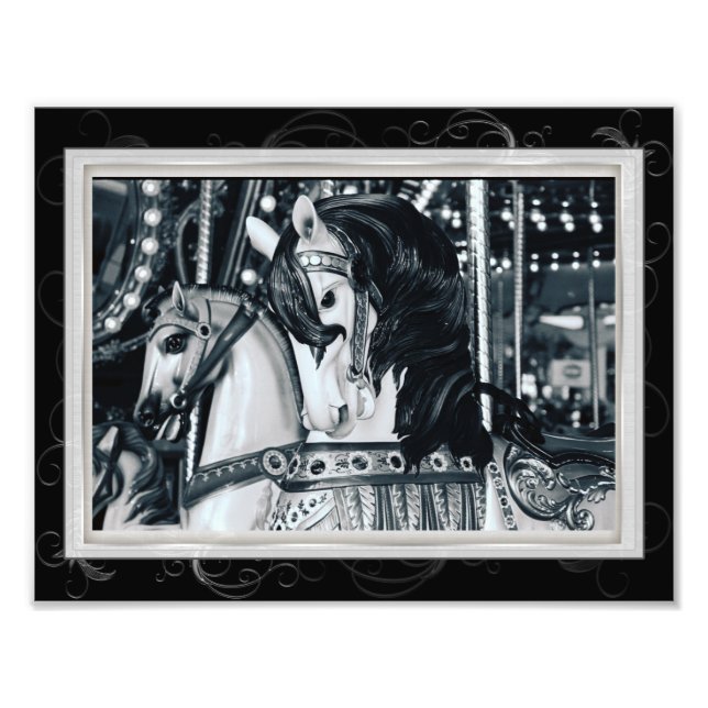 Black White Merry Go Round Carousel Horses Photo Print (Front)