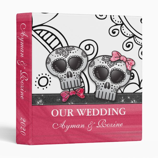 Black White Mexican Swirl Hot Pink Glitter Skulls Binder (Front/Spine)
