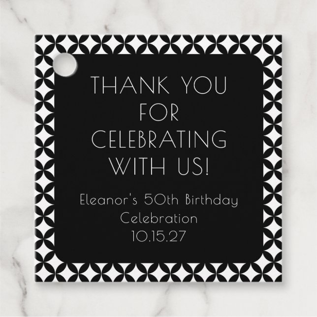 Black White Mid Century 50th Birthday Thank You Favor Tags (Front)