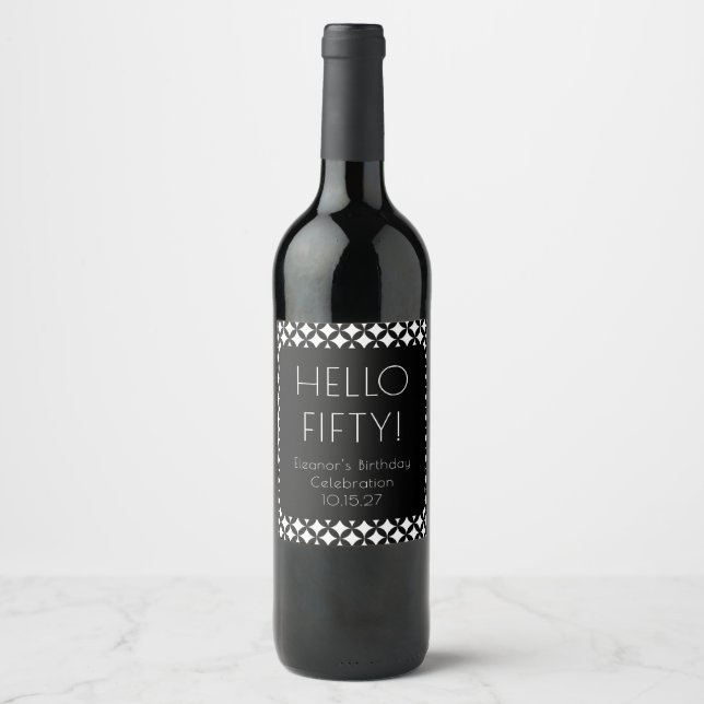 Black White Mid Century Mod 50th Birthday Custom Wine Label (Front)