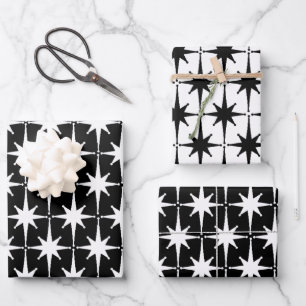 Black & White Midcentury Modern Retro Starbursts Wrapping Paper Sheets