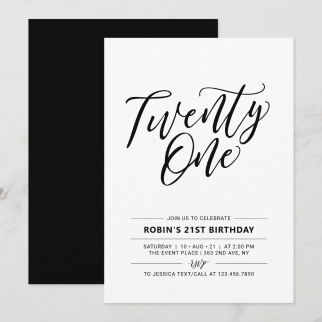 Black & White  Minimal 21st Birthday Party Invitation (Front/Back)