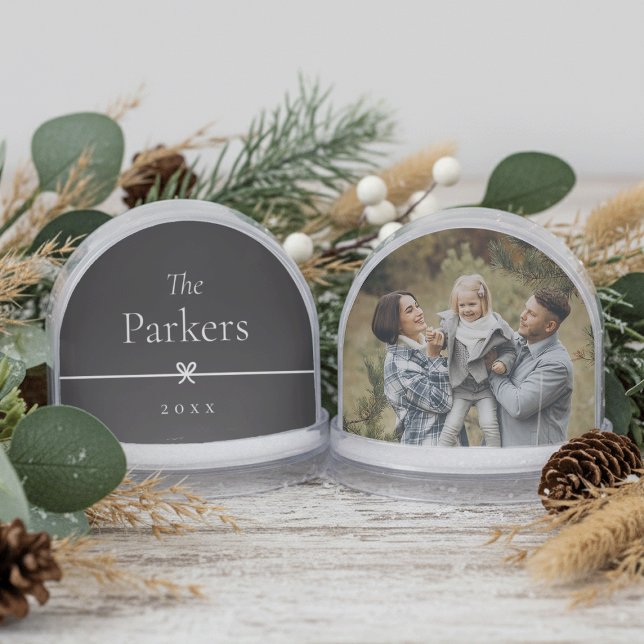 Black & White Minimal Bow Family Name & Photo Snow Globe (Creator Uploaded)