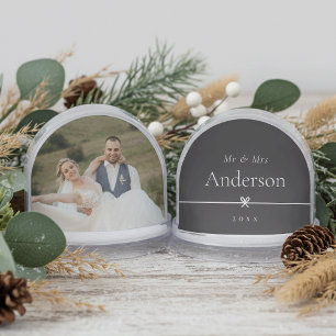 Black & White Minimal Bow Newlyweds Wedding Photo Snow Globe