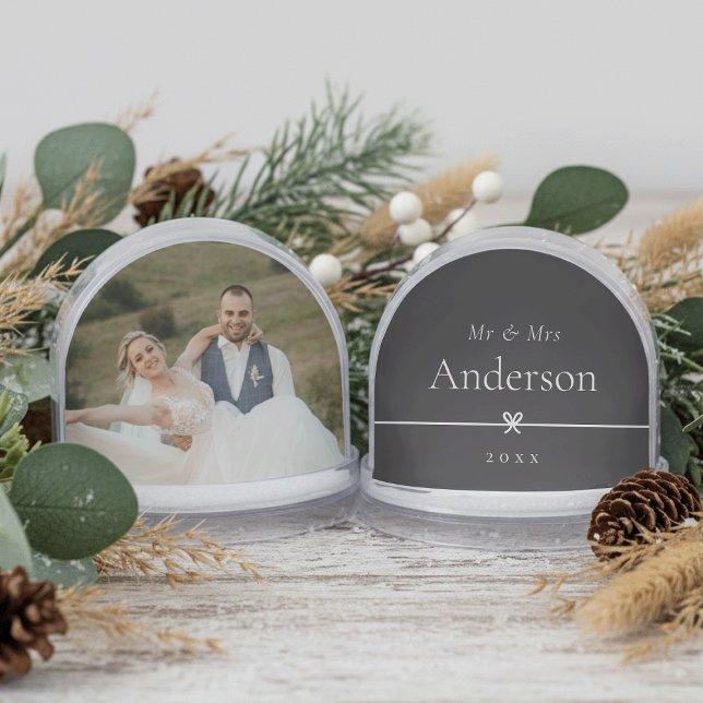 Black & White Minimal Bow Newlyweds Wedding Photo Snow Globe (Creator Uploaded)