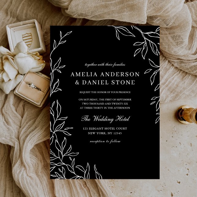 Black & White Minimal Elegant Leaf Wedding  Invitation (Creator Uploaded)