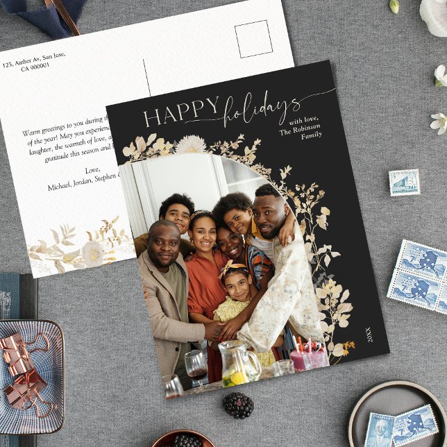 Black & White Minimal Gold Photo  Holiday Postcard (Creator Uploaded)