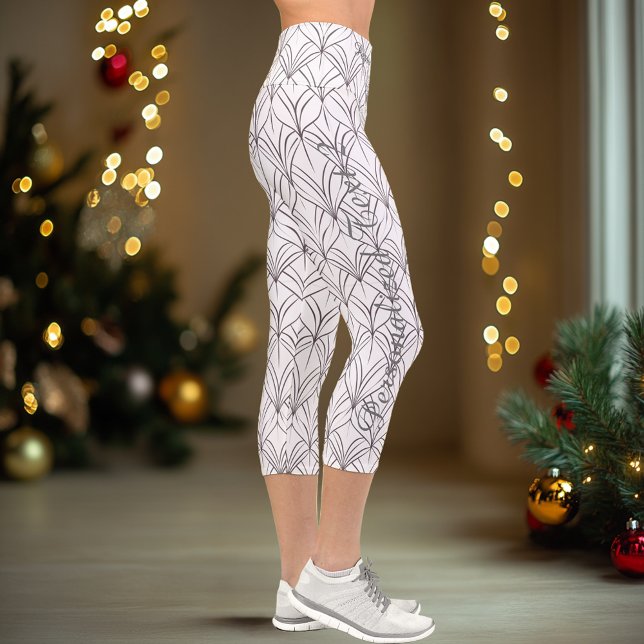 Black White Minimal Leaf Pattern | Elegant Modern Capri Leggings (Creator Uploaded)