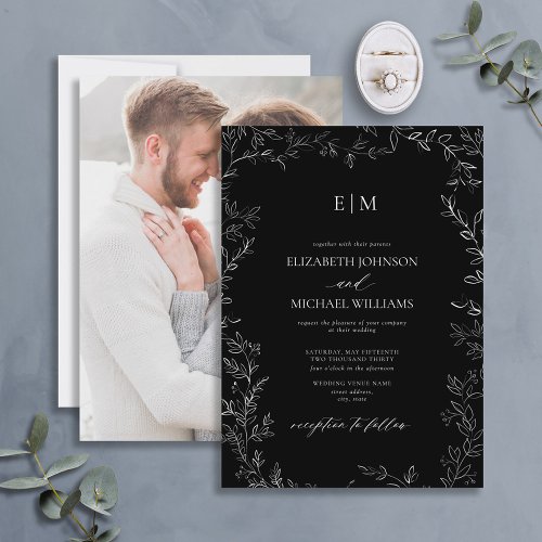 Black White Minimal Leaf Photo Monogram Wedding Invitation
