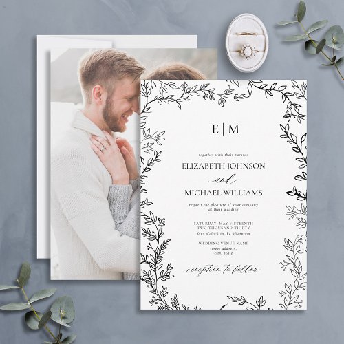 Black White Minimal Leaf Photo Monogram Wedding Invitation