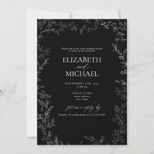 Black  White Minimal Leaf Post Wedding Brunch Invitation