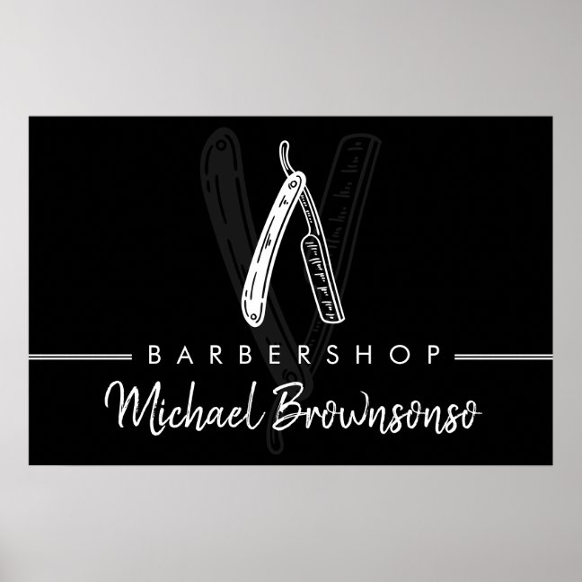 Black White Minimal Logo Branding Razor Barber Poster