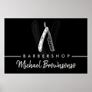 Black White Minimal Logo Branding Razor Barber Poster
