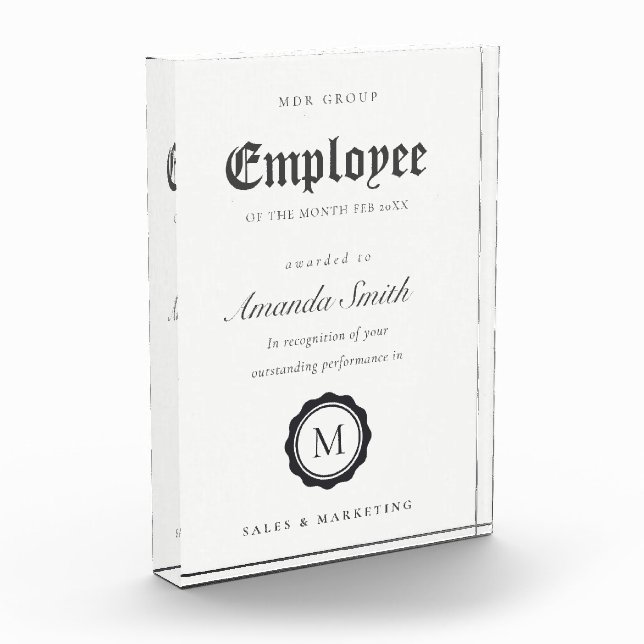Black & White Minimal Logo Employee Recognition Acrylic Award (Left)