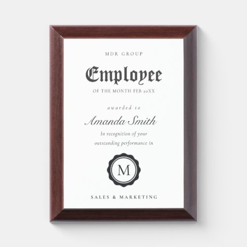 Black  White Minimal Logo Employee Recognition Award Plaque