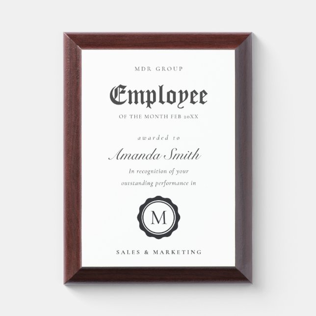 Black & White Minimal Logo Employee Recognition Award Plaque (Vertical)