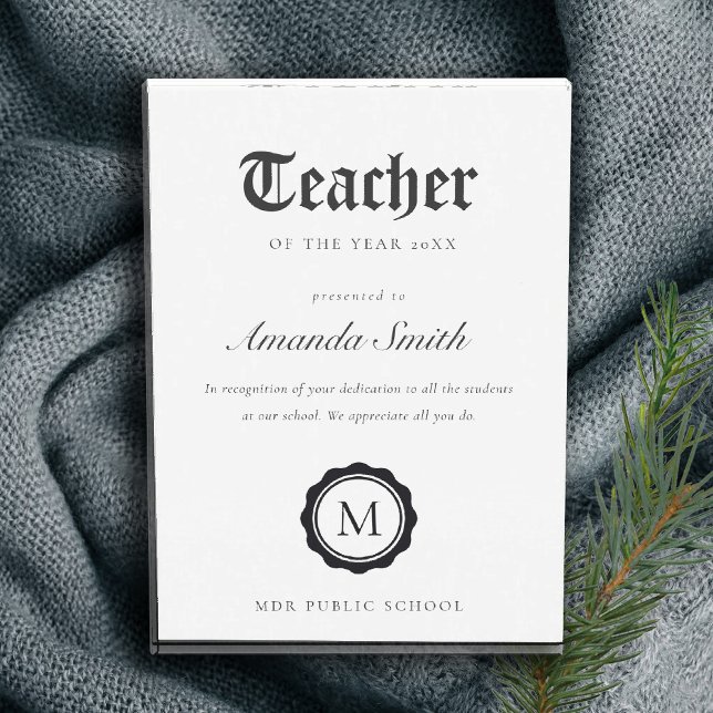 Black & White Minimal Logo Teacher of The Year Acrylic Award (Creator Uploaded)
