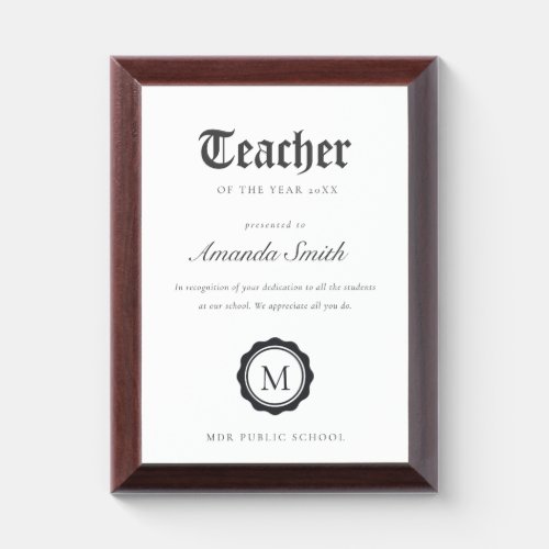 Black  White Minimal Logo Teacher of The Year Award Plaque