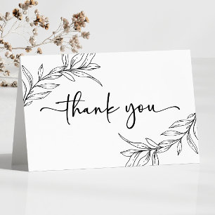 Black White Minimal Minimalist Branch Leaf Wedding Letterpress Thank You Card