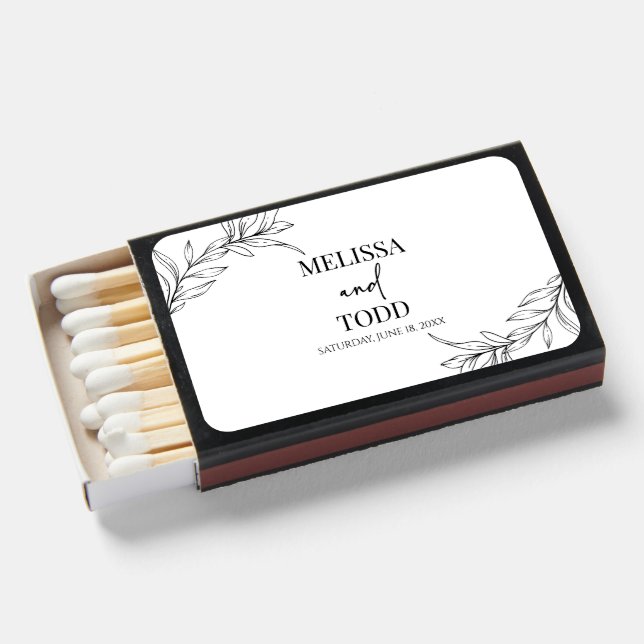 Black White Minimal Minimalist Branch Leaf Wedding Matchboxes (Front Open)