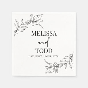 Black White Minimal Minimalist Branch Leaf Wedding Napkins