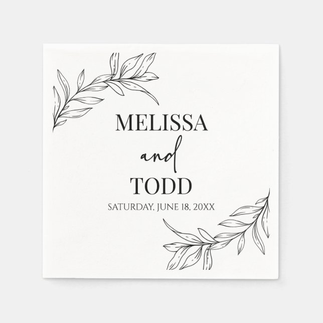 Black White Minimal Minimalist Branch Leaf Wedding Napkins (Front)