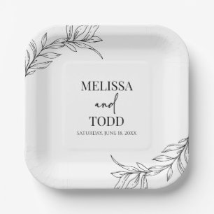 Black White Minimal Minimalist Branch Leaf Wedding Paper Plates