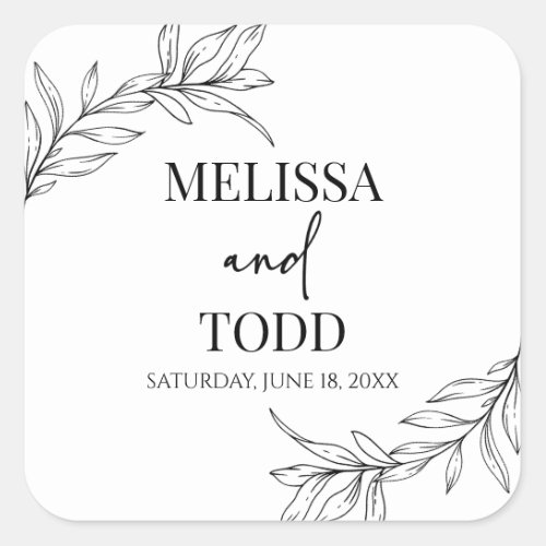 Black White Minimal Minimalist Branch Leaf Wedding Square Sticker