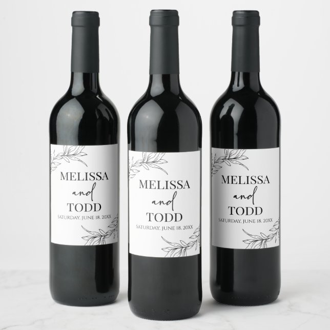 Black White Minimal Minimalist Branch Leaf Wedding Wine Label (Bottles)