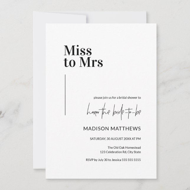 Black & White Minimal Miss to Mrs Bridal Shower  Invitation (Front)