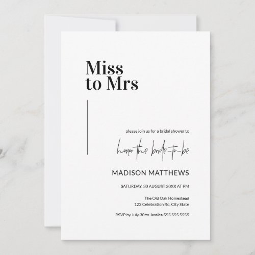 Black  White Minimal Miss to Mrs Bridal Shower  Invitation