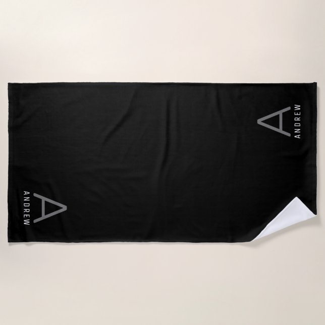 Black White Minimal Modern Monogram Initial Beach Towel (Front)