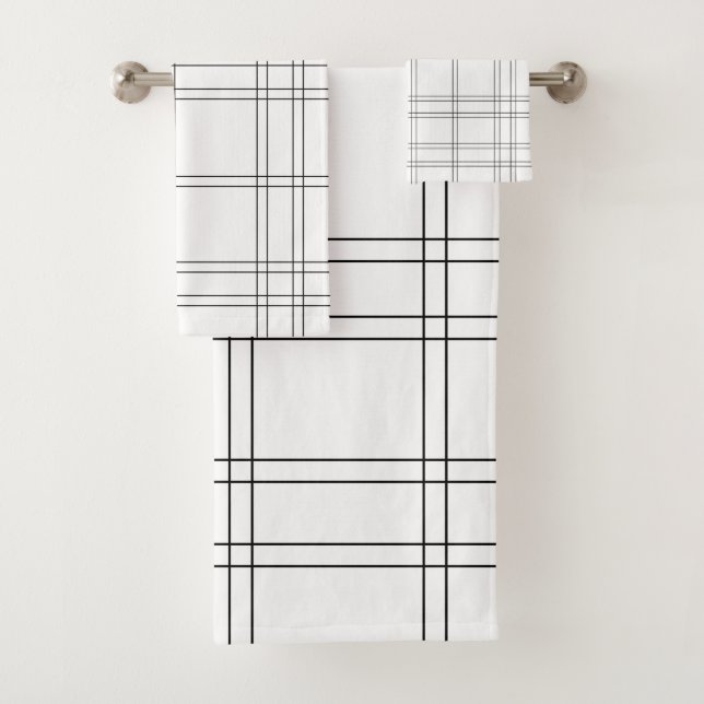 Black & White Minimal Modern Plaid Clean Pattern Bath Towel Set (Insitu)